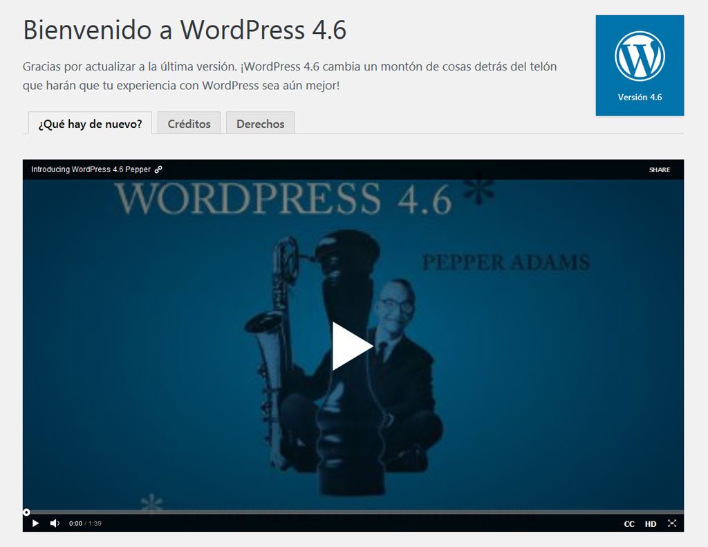 Pantalla de bienvenida a WordPress 4.6