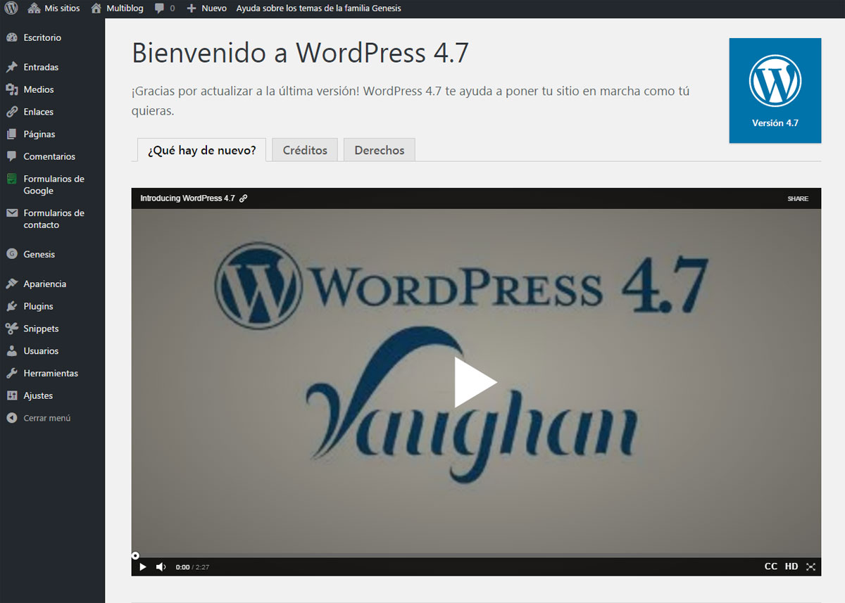 Página de presentación de las novedades de WordPress 4.7