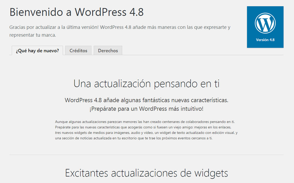 Página de presentación de WordPress 4.8