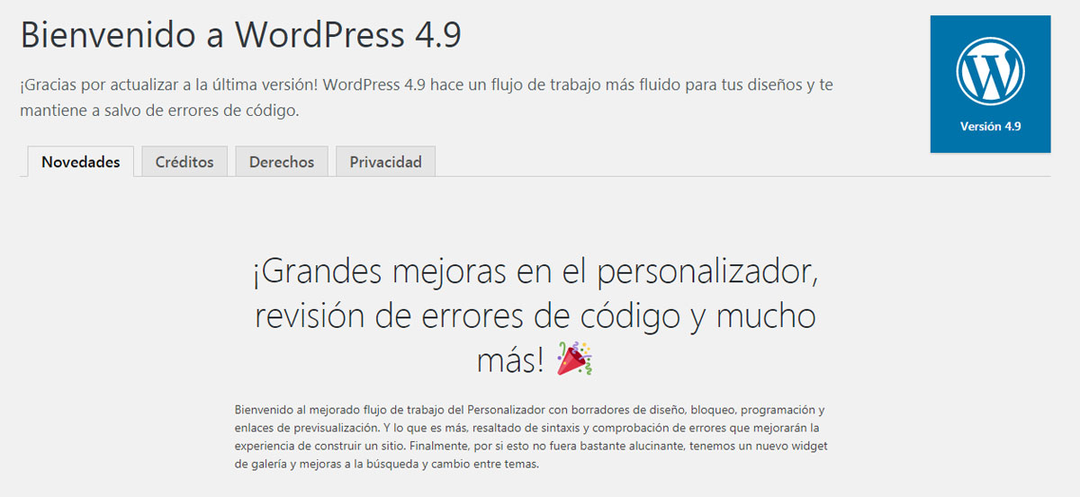 Novedades de la versión 4.9 de WordPress